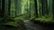 Enchanting Mossy Forest With Serene Stream: A Dark And Serene Landscape