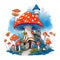 Enchanting Mushroom Village: Stylized Clip Art of a Mystical Hillside