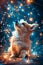 Enchanting Pembroke Welsh Corgi Dog Surrounded by Magical Glowing Lights on Dark Blue Background