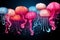 Enchanting pink fuzz fantasy jellyfish dancing in the darkness, vibrant abstract art creation