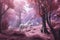 enchanting purple forest with mystical creatures, like unicorns and dragons