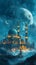 Enchanting Ramadan Kareem greeting with floating mosque and crescent moon amidst clouds and stars, invoking a sense of