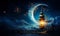 Enchanting Ramadan scene with crescent moon and traditional lantern casting a mystical glow amongst stars and clouds