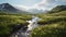 Enchanting Ray Traced Landscape Of A Grassy Meadow By A Stream In The Norwegian Mountains