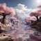 Enchanting river with cherry blossoms in a medieval fantasy scene