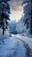 Enchanting scene: Snow-covered road winds amid snow-laden fir trees, creating picturesque beauty.