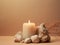 Enchanting Serenity: Unique Candle & Stone Arrangement Against Soft Beige Backdrop