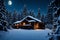 An enchanting, snow-covered wooden cabin in the heart of the wilderness, surrounded by tall pine trees, with the full moon