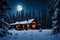 An enchanting, snow-covered wooden cabin in the heart of the wilderness, surrounded by tall pine trees, with the full moon