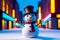 Enchanting Snowman in Neon Lit Cityscape, AI Generated
