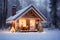 Enchanting snowy cottage with delightful christmas decorations and broken lights on porch at evening