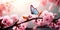 Enchanting Spring Elegance: Close-up of Soft Pink Sakura Flowers and Butterfly in Nature\'s Radiance