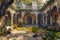 Enchanting Sunlit Overgrown Courtyard with Historic Romanesque Architecture, Nature Reclaiming Space, Serene Abandoned Estate