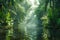 Enchanting Sunrays Filtering Through Tropical Rainforest over Tranquil River Waters