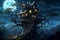 Enchanting Treehouse Full Moon Illuminates a Mysterious Scene. AI