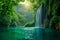 Enchanting Tropical Waterfall Oasis with Lush Greenery and Sunbeams in Ethereal Forest Landscape