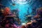 Enchanting Underwater World: mesmerizing panorama of a vibrant coral reef teeming with tropical fish, swaying sea plants