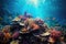 Enchanting Underwater World: mesmerizing panorama of a vibrant coral reef teeming with tropical fish, swaying sea plants