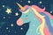 Enchanting unicorn gazing at night sky with beautiful blue, pink, and yellow stars