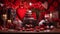 An enchanting Valentine\\\'s Day background featuring a beautiful arrangement of red roses, adorable teddy bears.