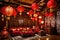 An enchanting view of a living room elegantly decorated for Chinese New Year celebrations. Traditional red and gold decor,