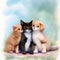 Enchanting Watercolor Gathering - A Group of Puppies and Kittens