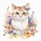 Enchanting Watercolor Illustration: Adorable Cat Surrounded by Blooms Floral Generative AI
