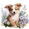 Enchanting watercolor illustration of a cute puppy surrounded by colorful summer flowers