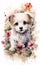 Enchanting watercolor illustration of a cute puppy surrounded by colorful summer flowers