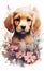 Enchanting watercolor illustration of a cute puppy surrounded by colorful summer flowers