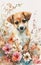 Enchanting watercolor illustration of a cute puppy surrounded by colorful summer flowers