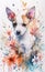 Enchanting watercolor illustration of a cute puppy surrounded by colorful summer flowers