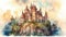 Enchanting Watercolor Illustration of a Fairy Tale Castle Fit for a Prince and Princess