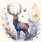 An enchanting watercolor illustration of a majestic stag standing among a forest of branches and flowers