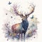 An enchanting watercolor illustration of a majestic stag standing among a forest of branches and flowers