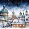 Enchanting Watercolor Snowy Rooftops with Chimneys and Twinkling Christmas Stars AI Generated