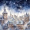 Enchanting Watercolor Snowy Rooftops with Chimneys and Twinkling Christmas Stars AI Generated