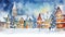 Enchanting Watercolor Winter Village with Twinkling Christmas Lights AI Generated