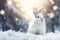 Enchanting white rabbit sits serenely amidst snowy landscape.Greeting cards, calendars, and promotional materials.