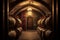 Enchanting Wine Cellar Rustic Tunnel with Barrel Storage, Ambient Lighting, and Brick Accents. created with Generative AI