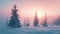 An enchanting winter landscape captures the serene and frosty atmosphere of snow-covered fir trees under a soft pink sunrise sky