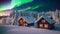 enchanting winter landscape, clear aurora, starry night, warm house lights, polar view, snowy rural aerial scenery