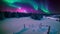 enchanting winter landscape, clear aurora, starry night, warm house lights, polar view, snowy rural aerial scenery