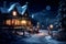 Enchanting winter night scene with snow-covered trees in a serene forest. Christmas night at woods under the moonlight