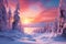 Enchanting Winter Scenery. Snow-Covered Trees, Serene Frozen Lake, and Gorgeous Colorful Sunset