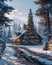 Enchanting Winter Wonderland Scene with Snow Covered Cabin and Christmas Decorations in a Serene Forest