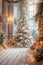 Enchanting Winter Wonderland Scene with Snow Covered Christmas Tree and Festive Decorations in a Cozy Room