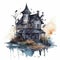 Enchanting Witch House Watercolor T-Shirt Design Illustration for Halloween.
