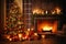 Enchanting Yuletide Interior Christmas with Magic Glowing Tree, Fireplace, and Gifts in the Dark, created with Generative AI