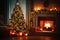 Enchanting Yuletide Interior Christmas with Magic Glowing Tree, Fireplace, and Gifts in the Dark, created with Generative AI